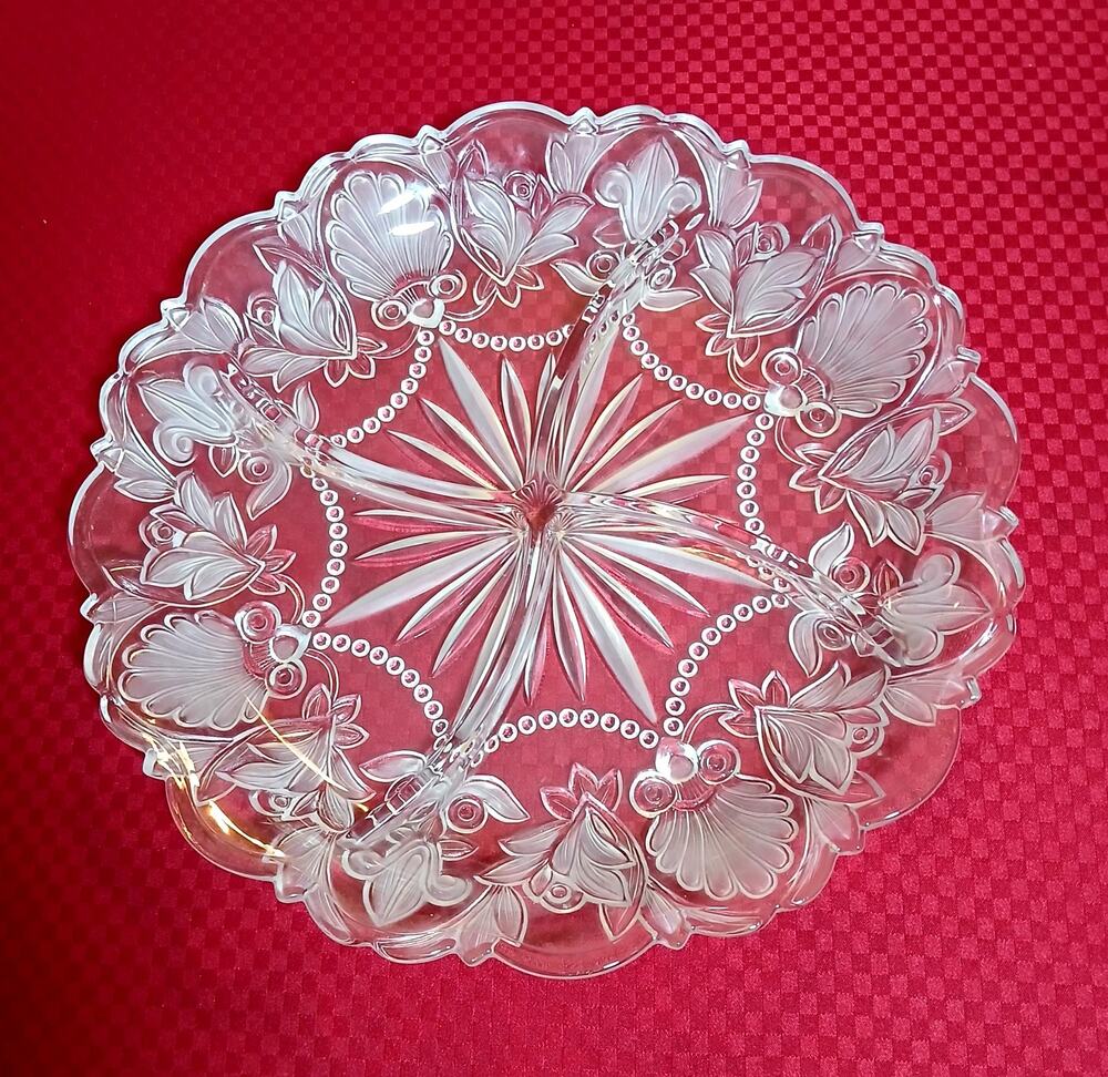 Fifth Avenue Lead Crystal 4-Way Divided Serving Platter with Floral Etching